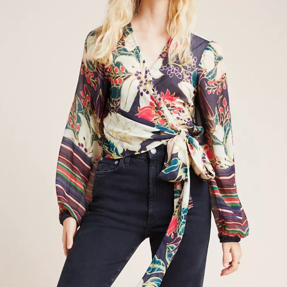 Anthropologie Floral Wrap Blouse in Navy, Cream, Red & Green